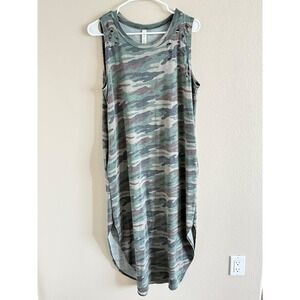 Vanilla Star Camo Print Sleeveless Distressed T-Shirt Dress Green Tan Maxi